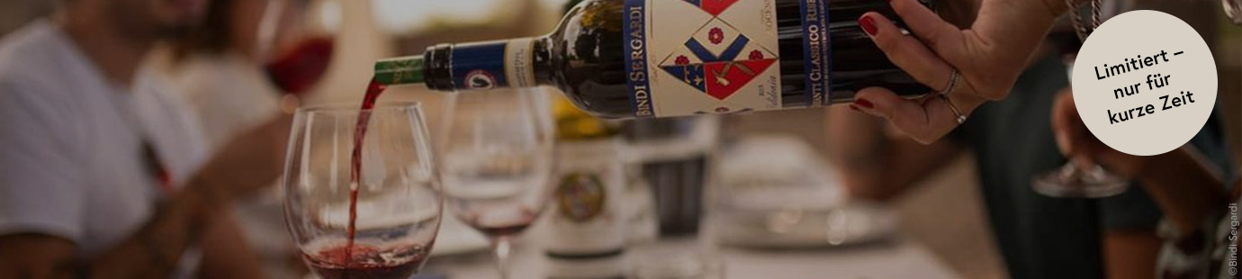 Personen essen gemeinsam in der Toskana und trinken dazu passend einen Chianti Classico Riserva von Bindi Sergardi – Weine zu Sonderkonditionen online bestellen bei der Vinothek Brancaia